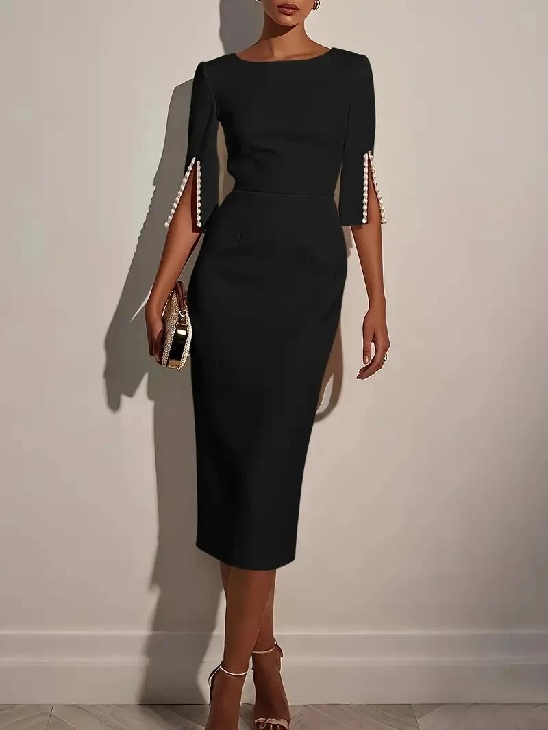 Robe mi-longue élégante pour femmes, couleur unie, col rond, demi-manches, décorée de perles, coupe