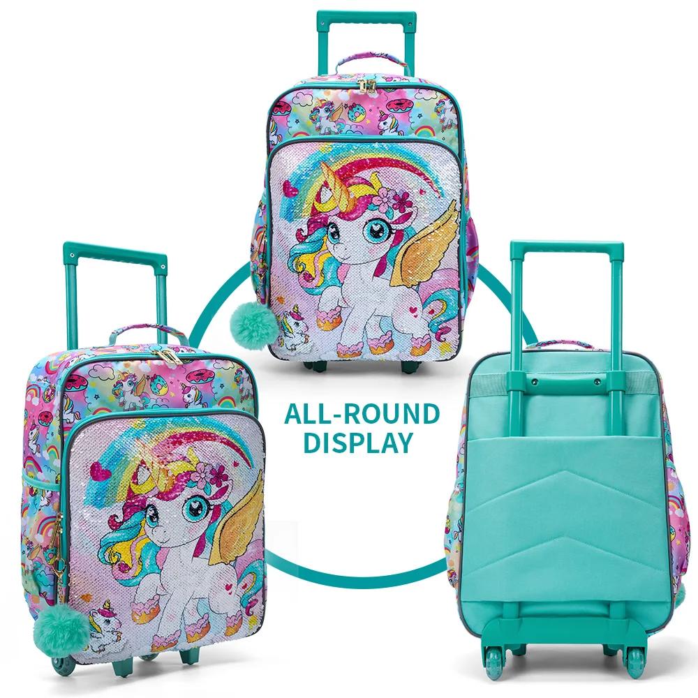 Valise de voyage à roulettes pour enfants, valise à main verte, design de dessin animé mignon et de