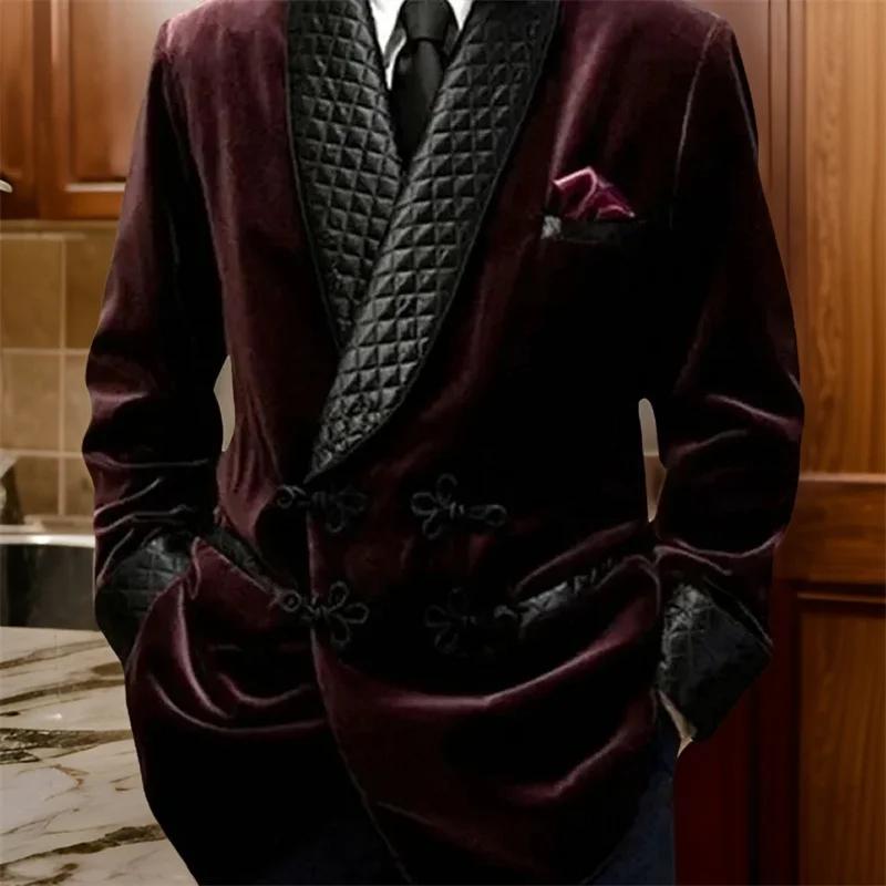 Veste longue en velours avec boutons mandarins pour homme, blazer d'affaires décontracté, revers châ