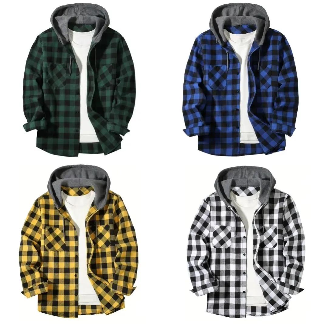 Hommes d'affaires printemps et automne Patchwork Plaid boucle décontractée à capuche à manches longu