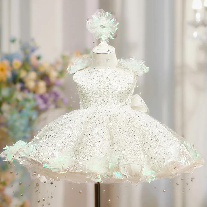 Robe de princesse élégante pour enfants, style perle et fleur, avec sequins, pour filles, idéale pou