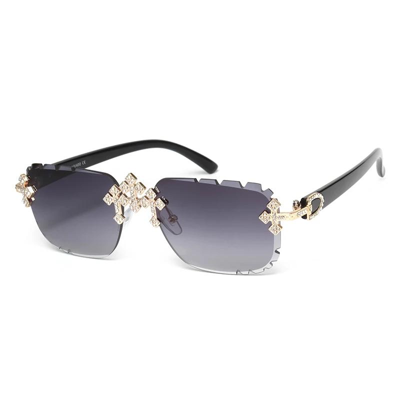 2025 mode carré sans monture lunettes de soleil pour femmes croix diamant métal cadre lunettes de lu