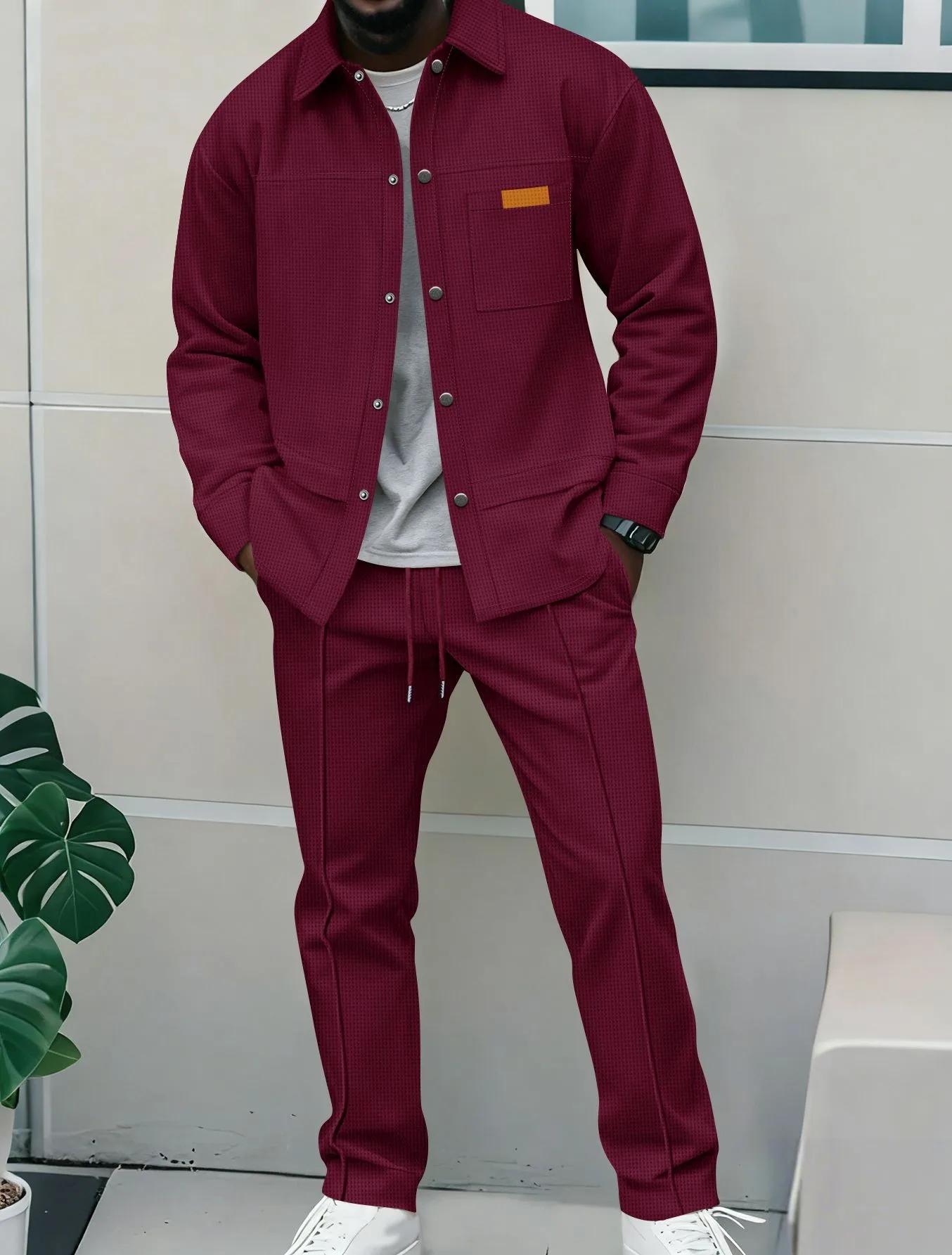 Ensemble veste et pantalon décontracté pour homme, nouveau style 2026, en tissu gaufré uni, avec col