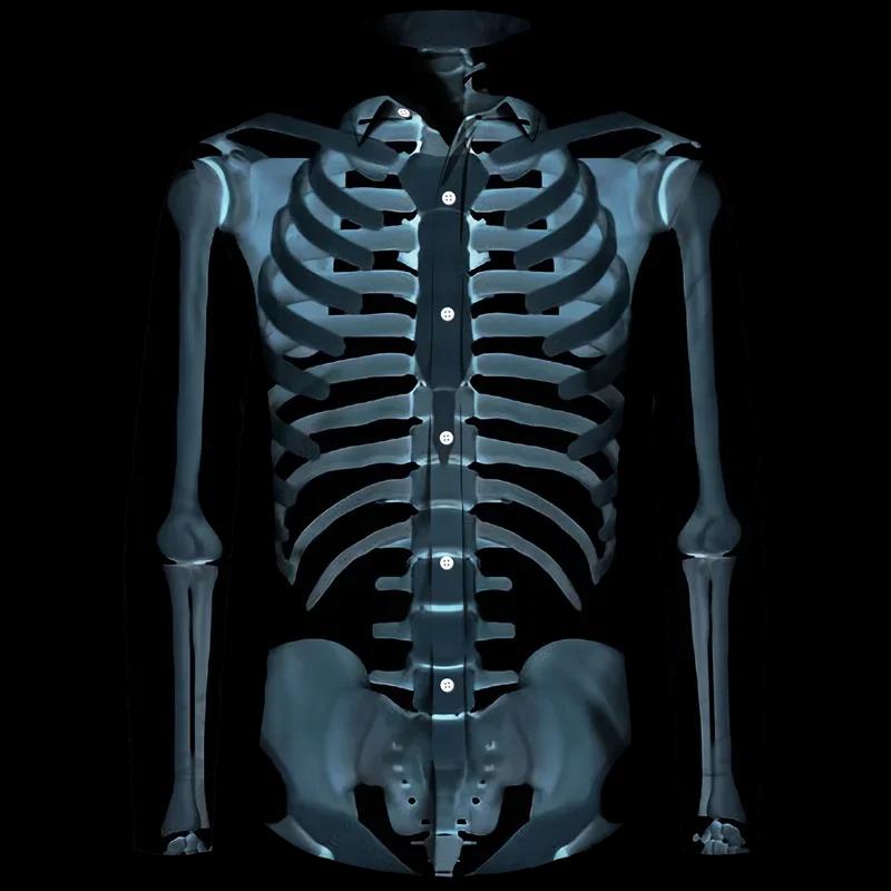Chemise à boutons imprimé squelette 3D pour hommes et femmes, haut Streetwear à manches longues pour