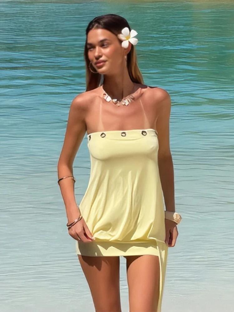 Robe Courte Sexy Kliou Sans Bretelles avec Anneau Métallique, Dos Nu, Franges, Effet Push-Up, Style