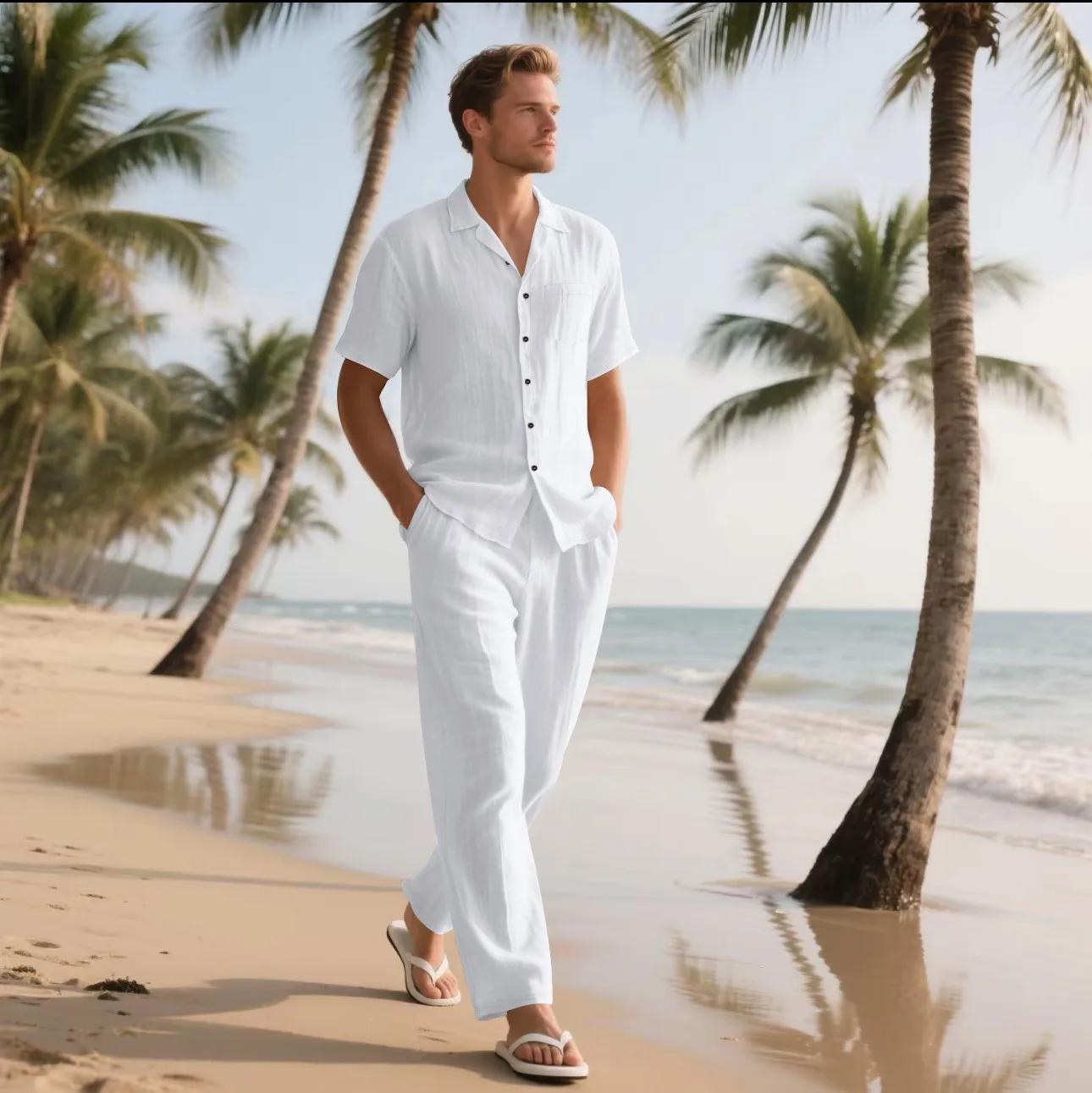 L'ensemble chemise à manches courtes en lin pour hommes Summer Beach de 2025 est un ensemble pantalo