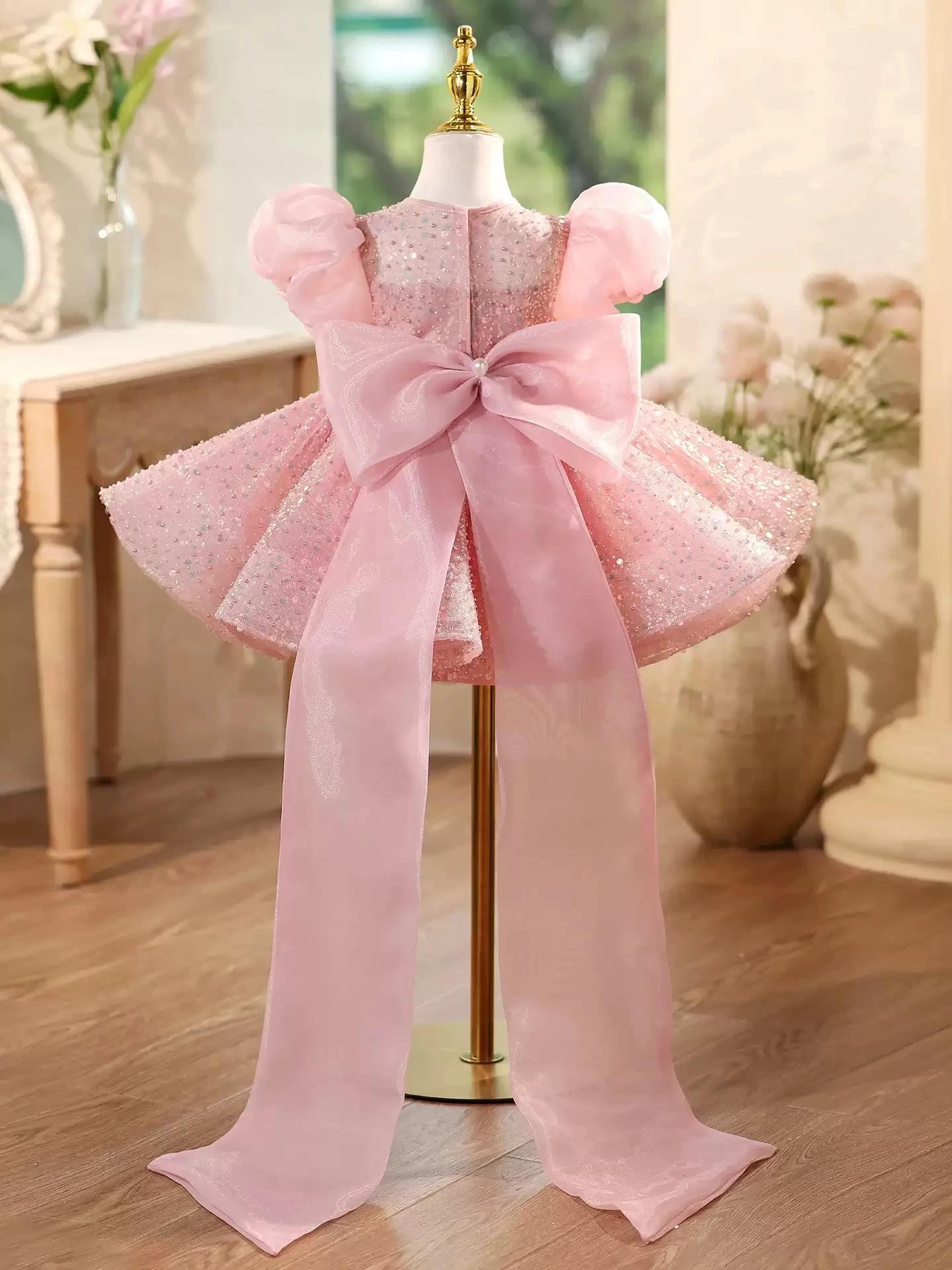 KLFLGD – robe à paillettes pour enfants, élégante, concours de beauté, manches bouffantes, fleur, ro