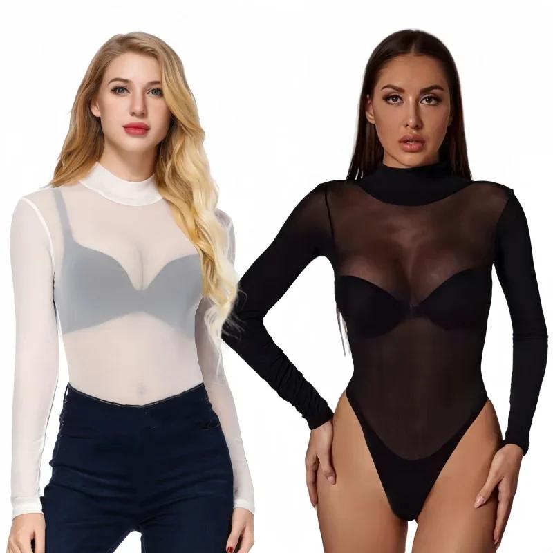 Body moulant noir à manches longues pour femmes, grande taille, une pièce transparente, dessus de ch