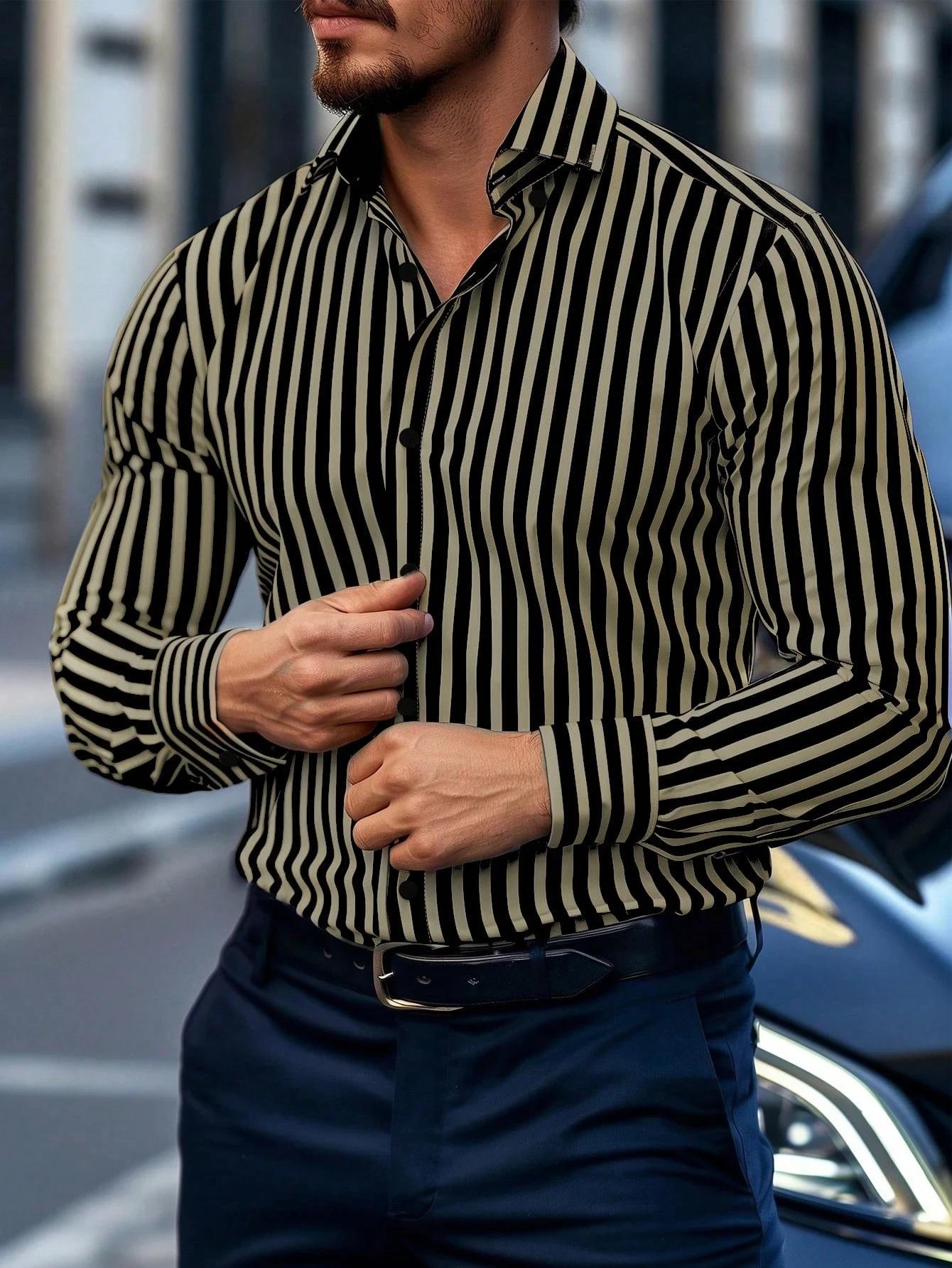  Chemise habillée rayée pour hommes, simple boutonnage, manches longues, tenue de bureau décontra