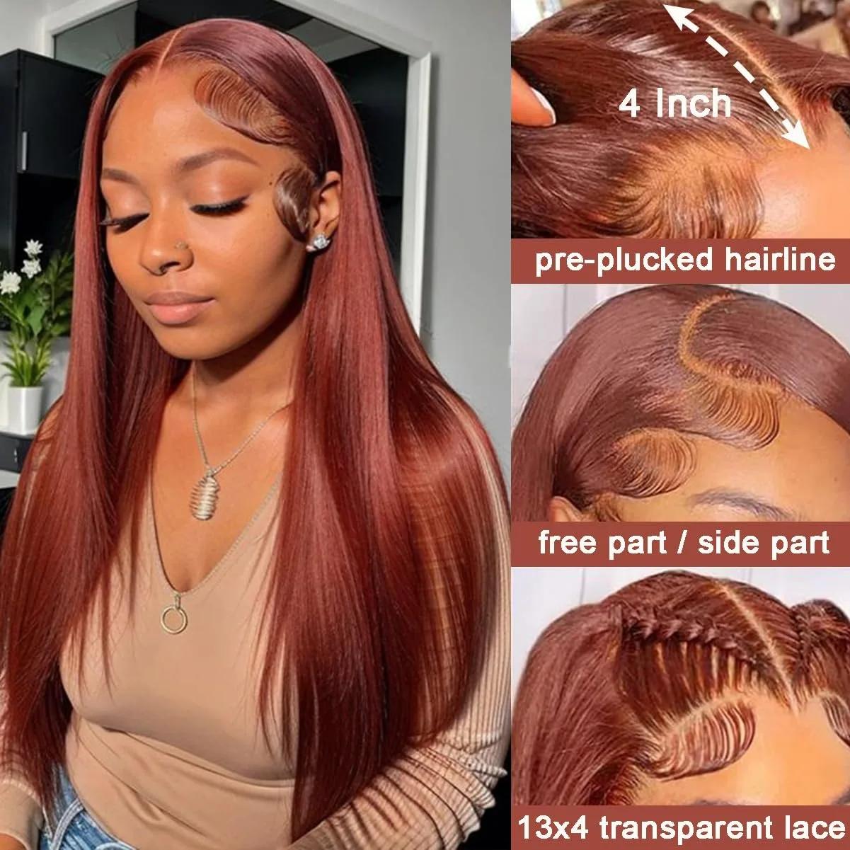 Perruque Lace Frontal Wig brésilienne naturelle lisse, cheveux lisses, brun rougeâtre, 32 pouces, 13