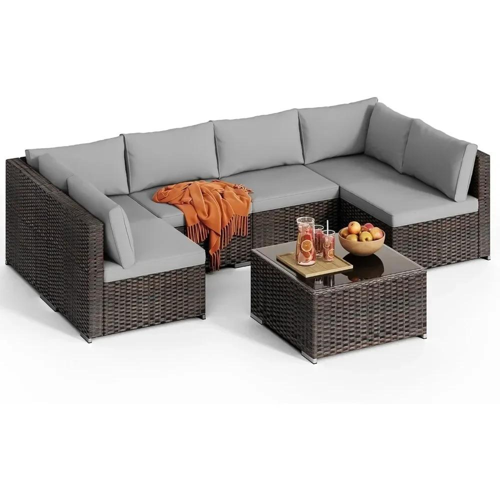 Ensemble de meubles de patio extérieur 7 pièces, ensemble de canapé sectionnel d'extérieur en rotin