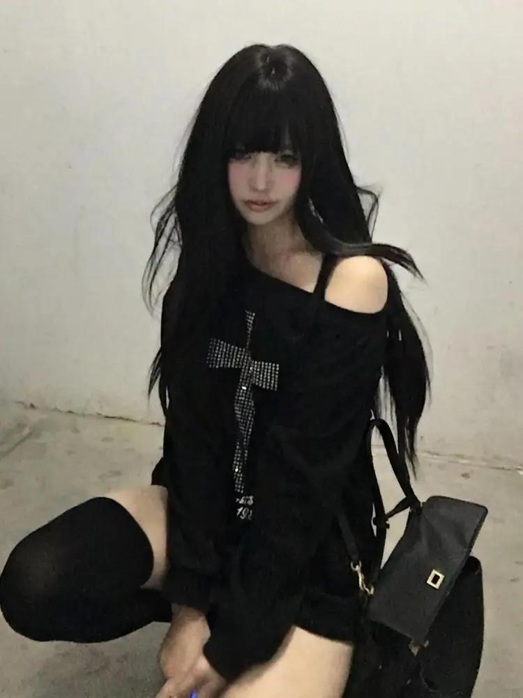 Sweat-shirt à capuche noir à manches longues pour femme, vêtement Harajuku Grunge des années 2000, a