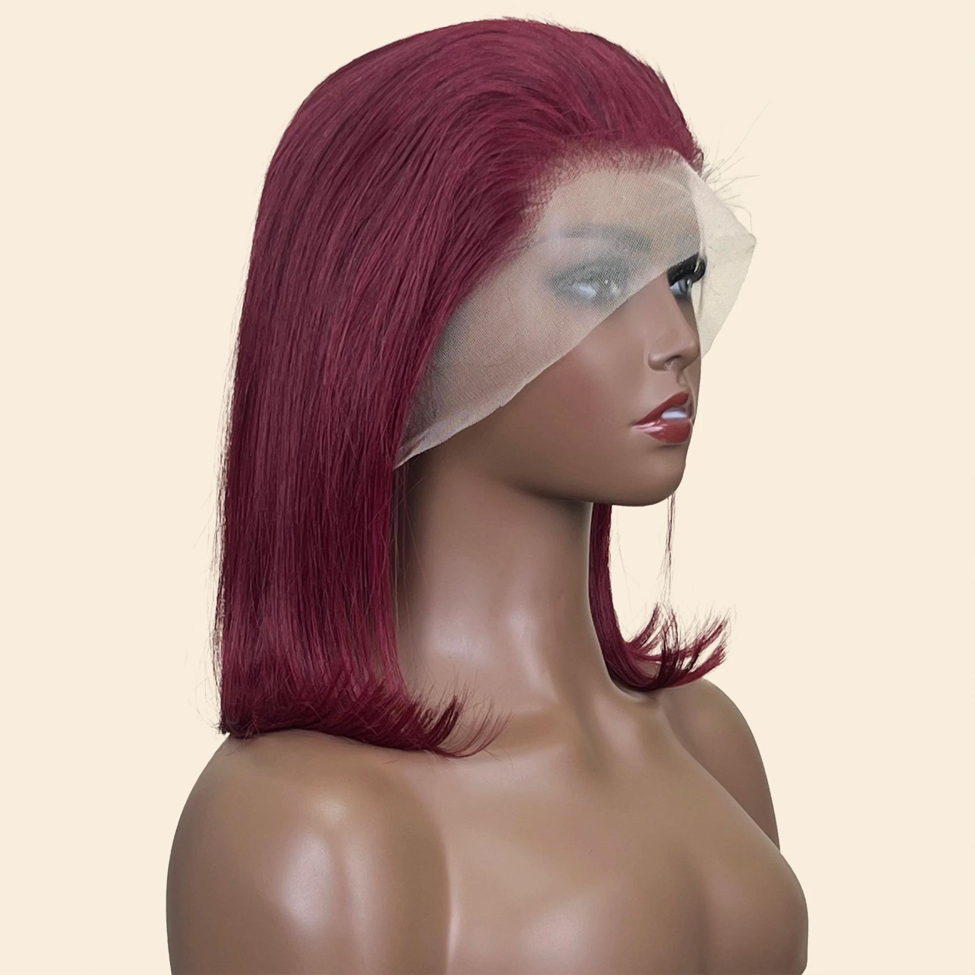 Perruque Bob Lace Front Wig Remy Naturelle Lisse, Cheveux Courts, Bordeaux 99J, 13x4, Pre-Plucked, D