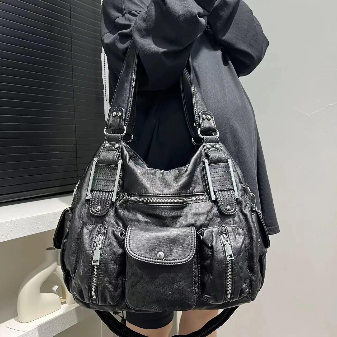 Sac de moto Y2K pour femmes, sac à bandoulière multi-poches à motif de vieille litchi