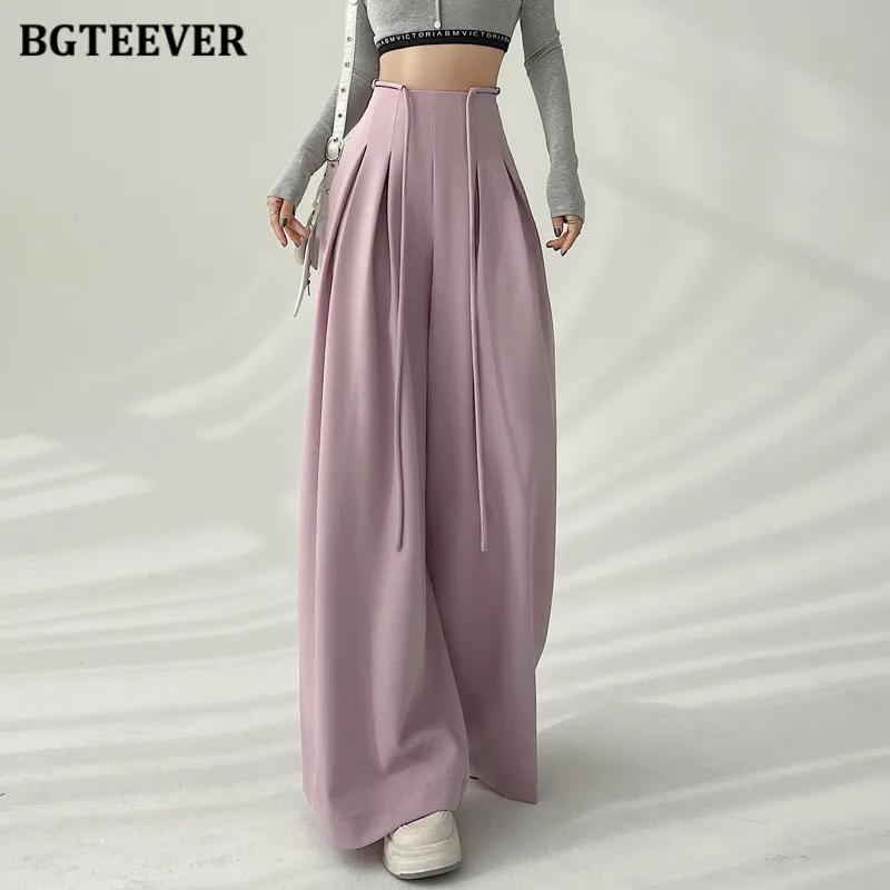 BGTEEVER élégant à lacets taille haute longueur au sol costume pantalon femmes printemps été poches