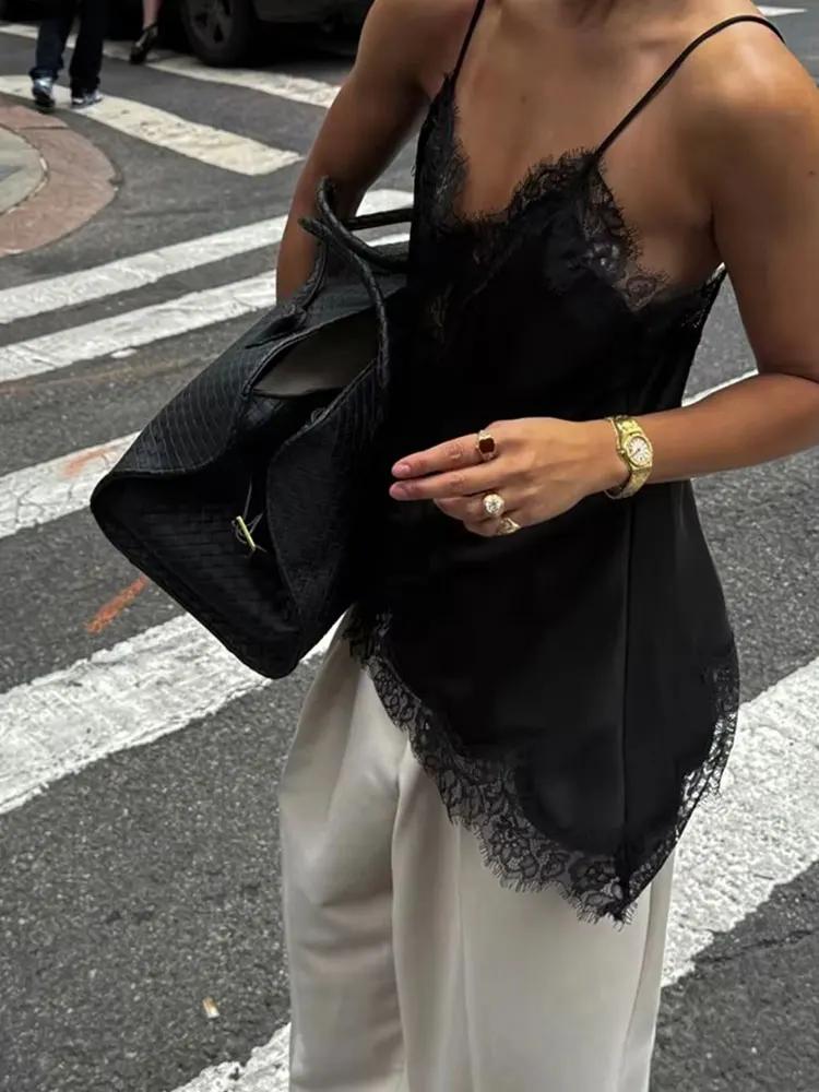 HH Femme Élégante Débardeur à Pois en Dentelle à Ourlet Asymétrique, Camisole Sexy d'Été avec Empièc