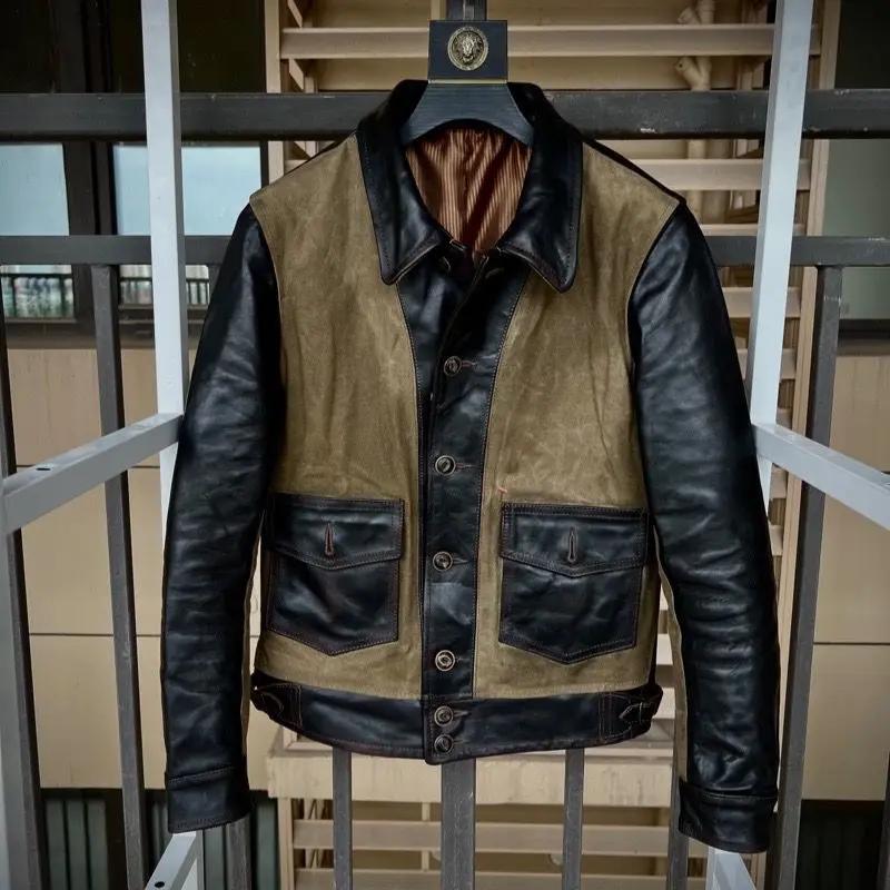 Veste en cuir marron de style rétro décontracté pour homme, cuir de cheval naturel et toile épissés,