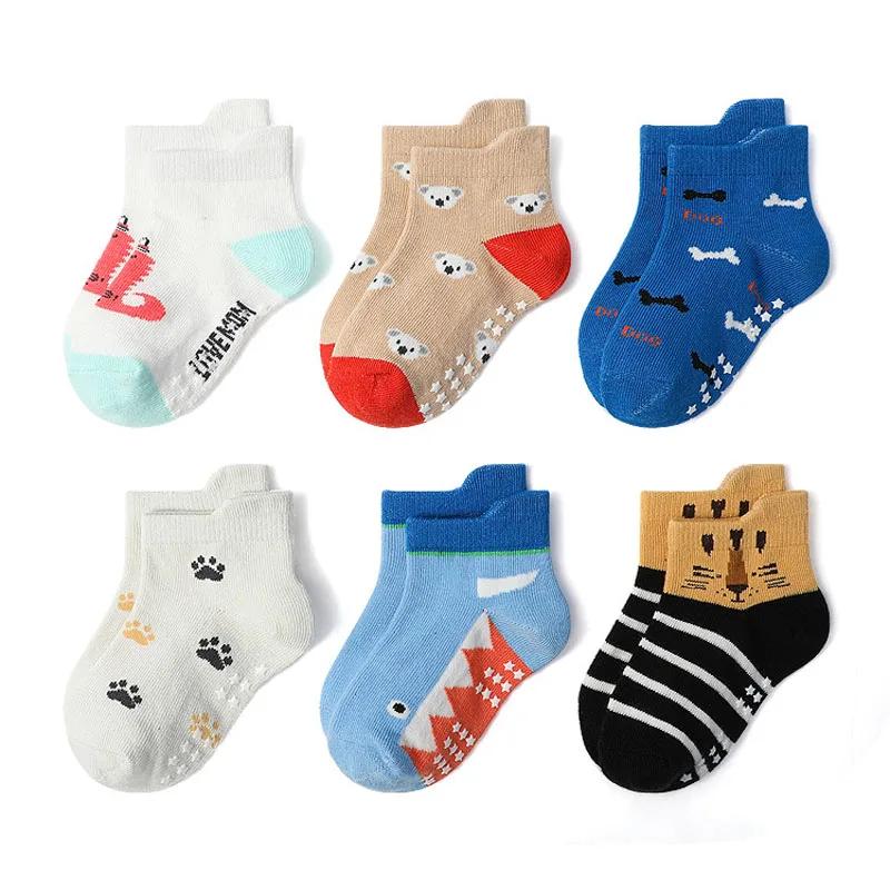 6 paires de chaussettes pour enfants, chaussettes de sol antidérapantes en coton à motif d'animaux d