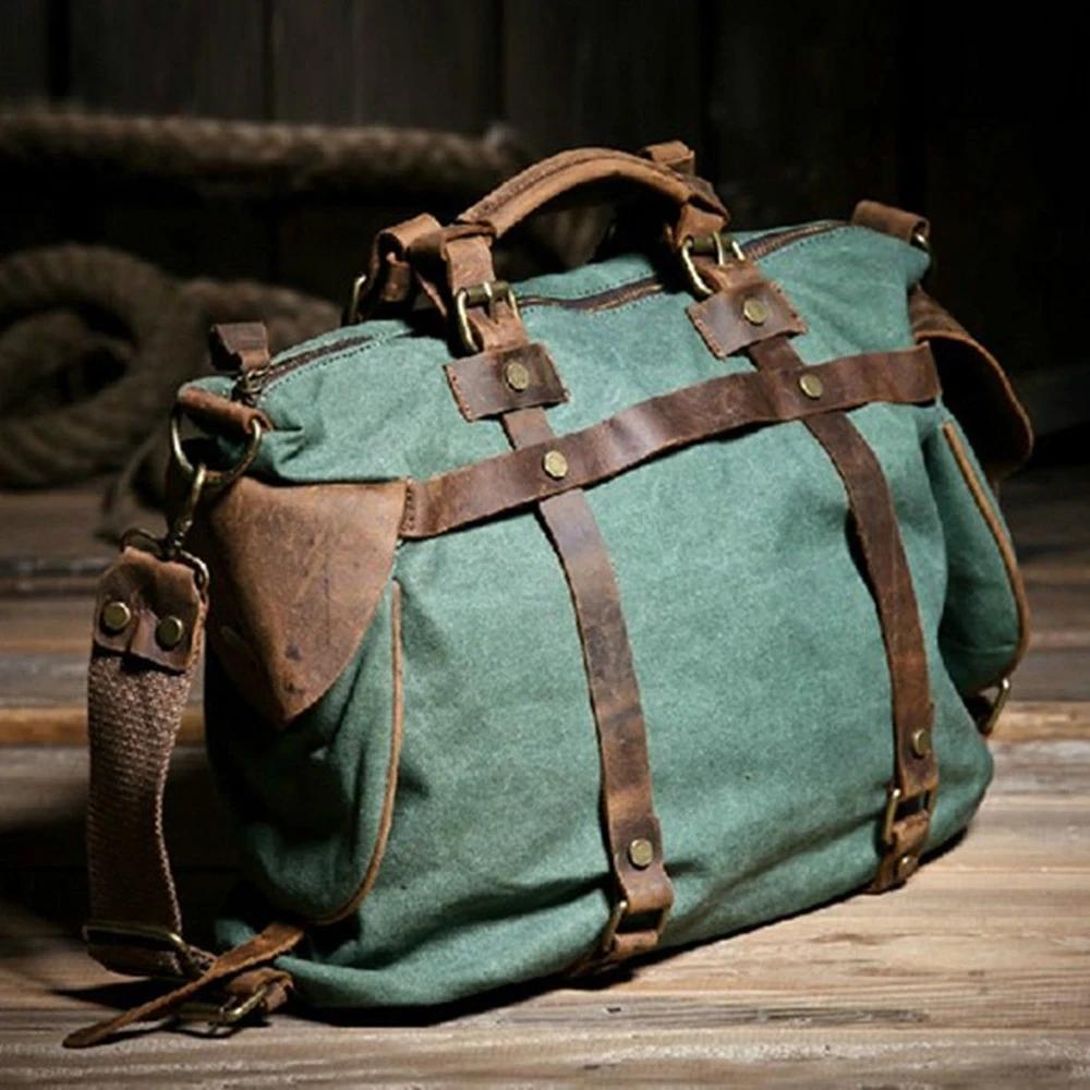 Sac à bandoulière rétro unisexe en toile et cuir véritable pour hommes et femmes, sac à bandoulière