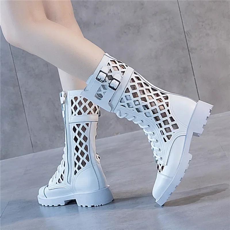 Bottes d'été en maille noire creuse pour femmes, talon moyen, grandes bottes cool, sandales européen