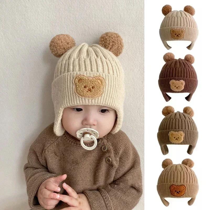 Chapeau en laine pour bébé, ours mignon, protection des oreilles, pour enfants, hiver, épais, chaud,