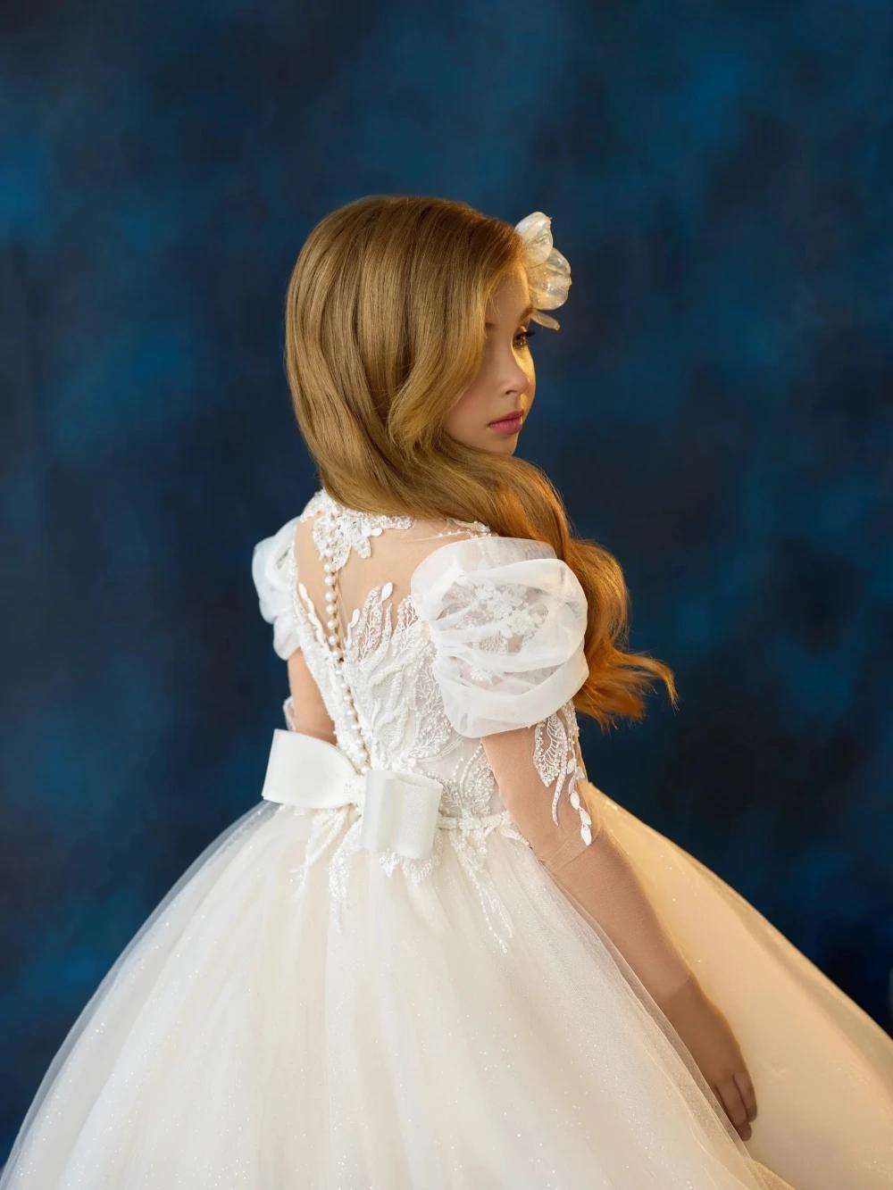 Robes blanches élégantes en dentelle pour filles, avec des Appliques de fleurs, des perles brillante