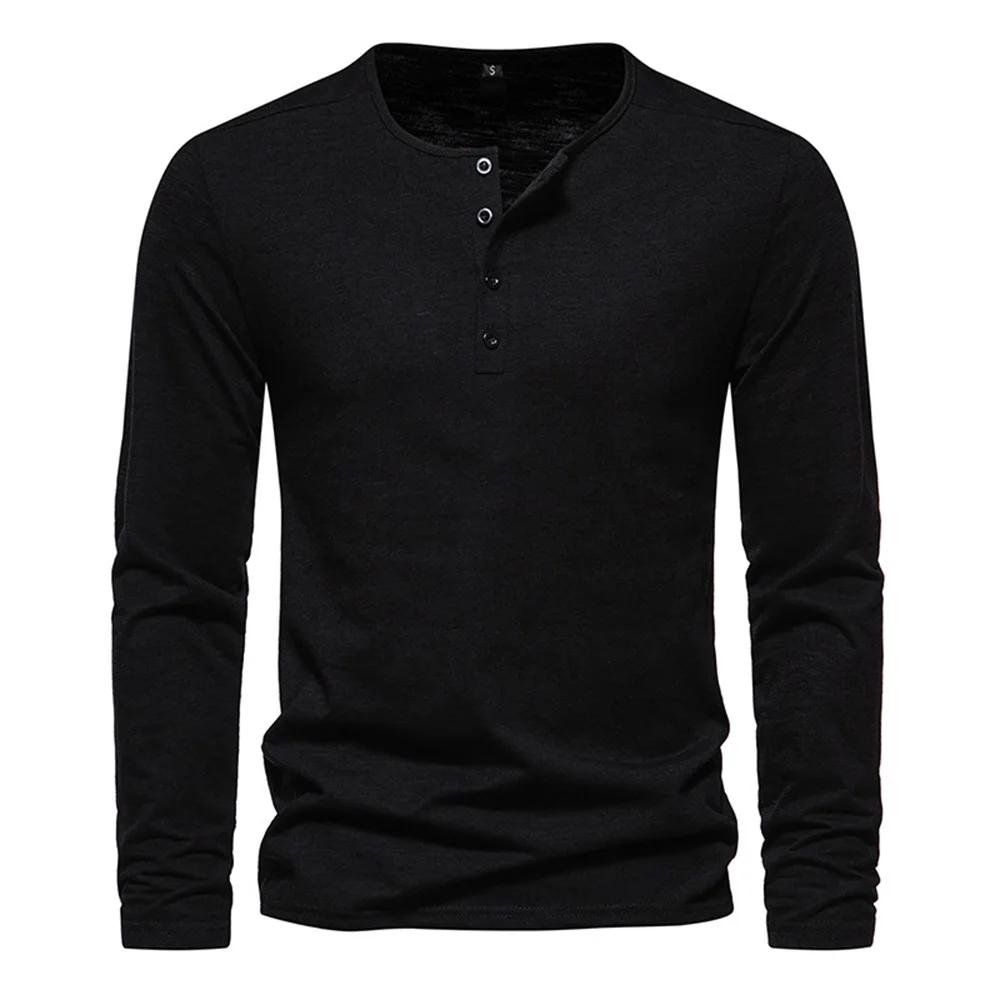 Hommes à manches longues T-shirt coton coupe ajustée chemise de fond Fitness hauts t-shirts bouton c