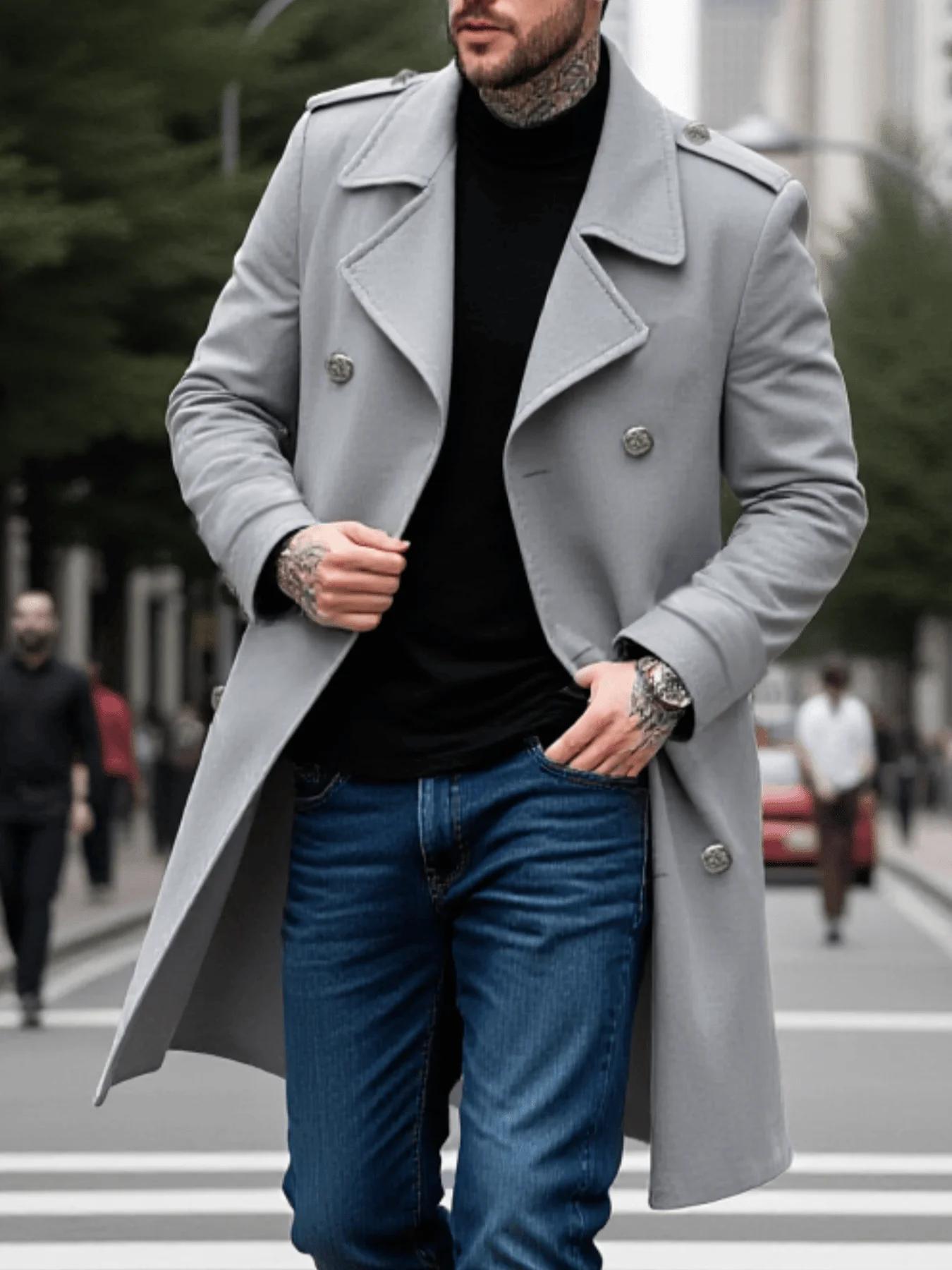 Veste-manteau à feuilles pour hommes début d'automne Plus laine épaisse, Double boutonnage décontrac