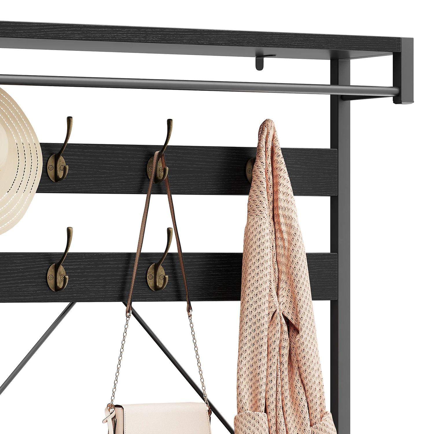 Porte-manteau de 72 pouces de haut, étagère à chaussures 5 en 1, banc à chaussures avec étagères de