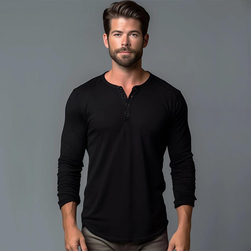 Hommes à manches longues T-shirt coton coupe ajustée chemise de fond Fitness hauts t-shirts bouton c