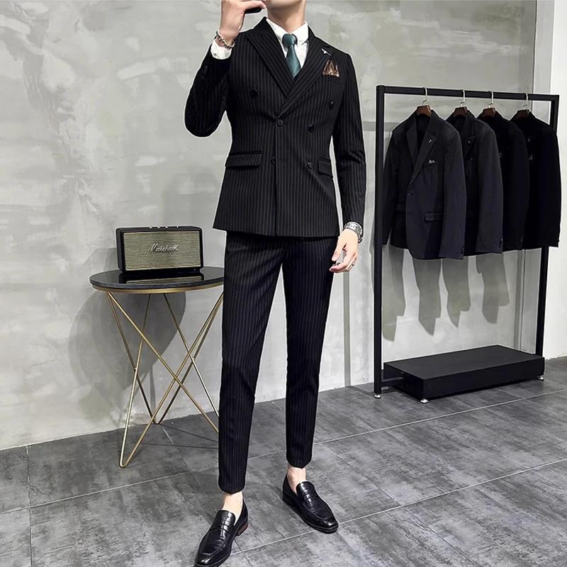 M-7XL ( Blazer + Pantalon) de luxe classique rayé hommes bureau officiel décontracté affaires double