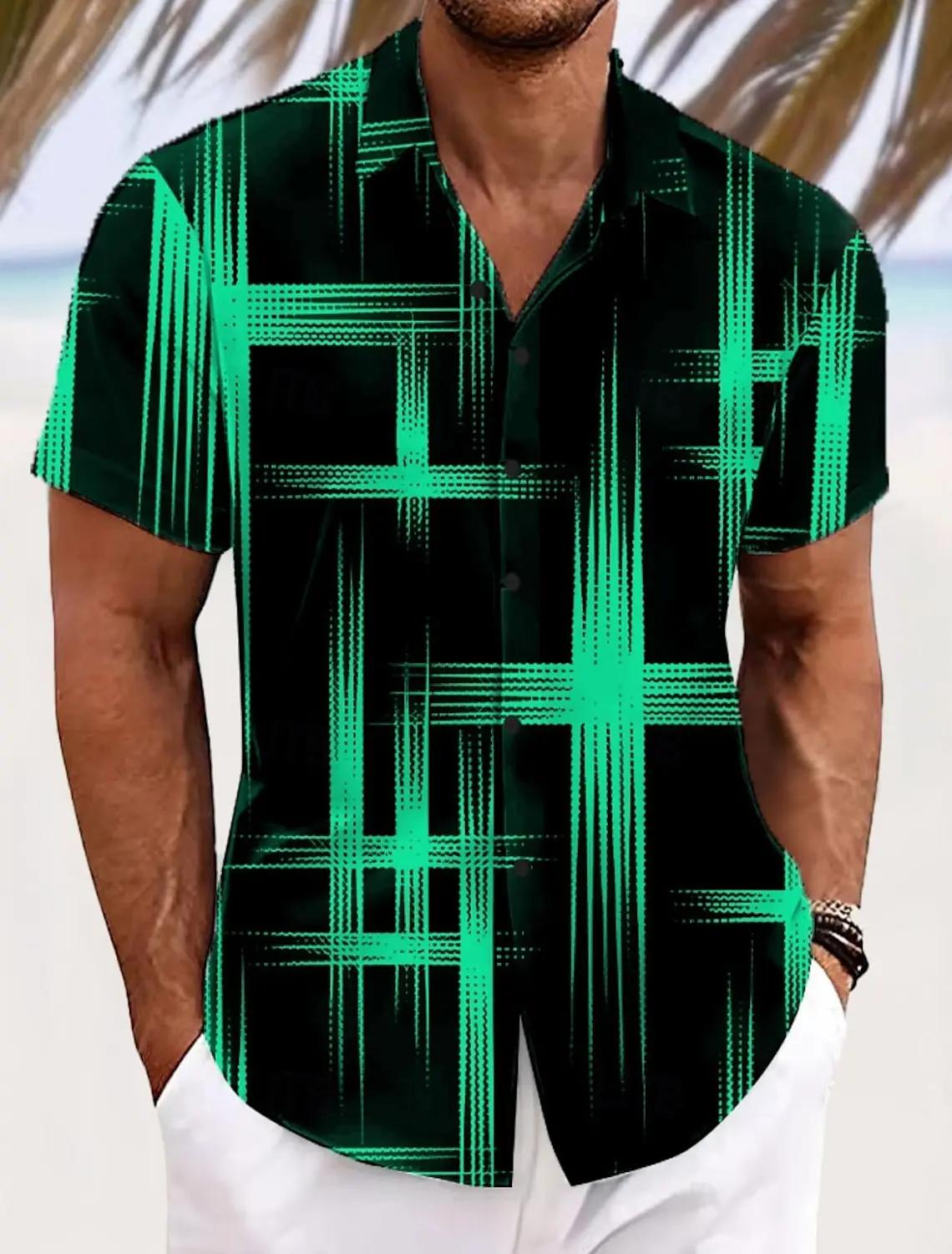 Chemise à carreaux à grille géométrique pour hommes, couleur dégradée, boutonnée, manches courtes, m