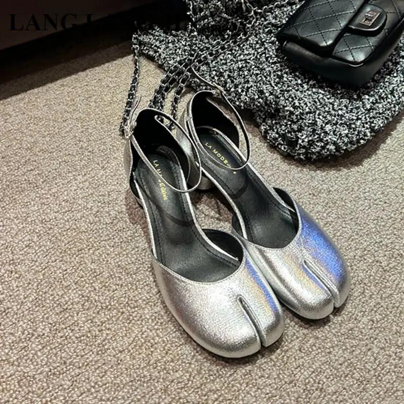 Escarpins Tabi Ninja à bout fendu pour femmes, chaussures à talons ronds de 5cm, Mary Janes, sandale