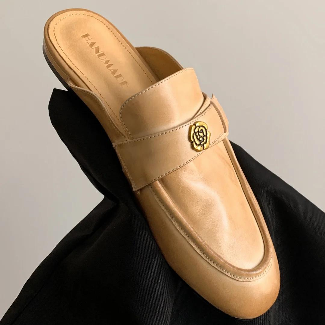 Sandales plates à enfiler en cuir de vache pour femmes, diapositives d'été de haute qualité, douces