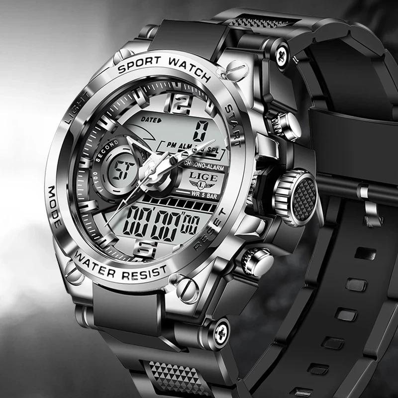 LIGE numérique hommes montre militaire 50m étanche montre-bracelet LED Quartz horloge Sport montre m