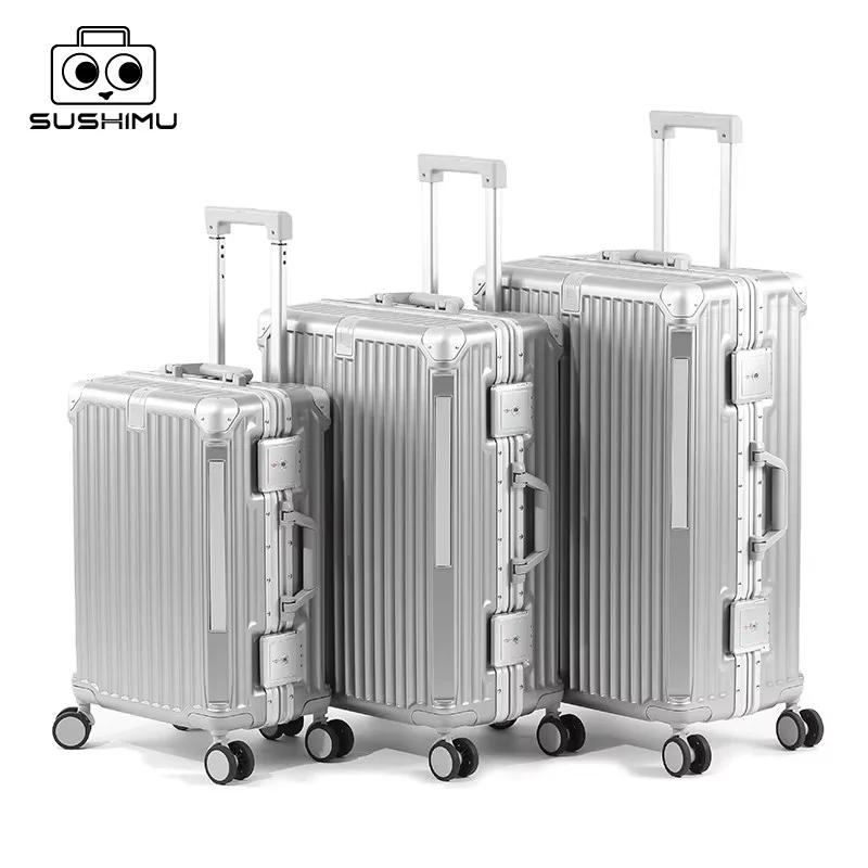 SUSHIMU-Valise de voyage pour hommes et femmes, bagage à main, cadre en aluminium PC, valise à roule