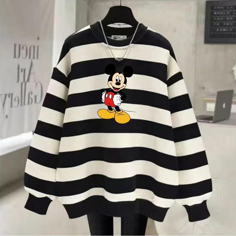 Nouvelle Arrivée Mode Automne Coton Ample Rayé Col Rond Ins Couple Décontracté Dessin Animé Mickey M