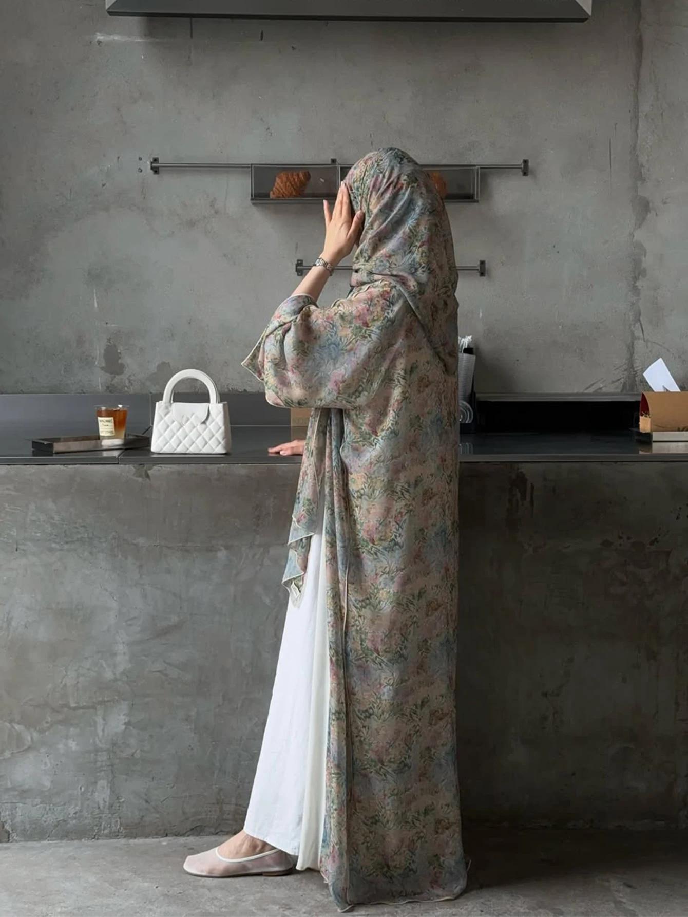 Cardigan traditionnel arabe élégant du moyen-orient, Robe Abaya à manches longues et imprimé Floral