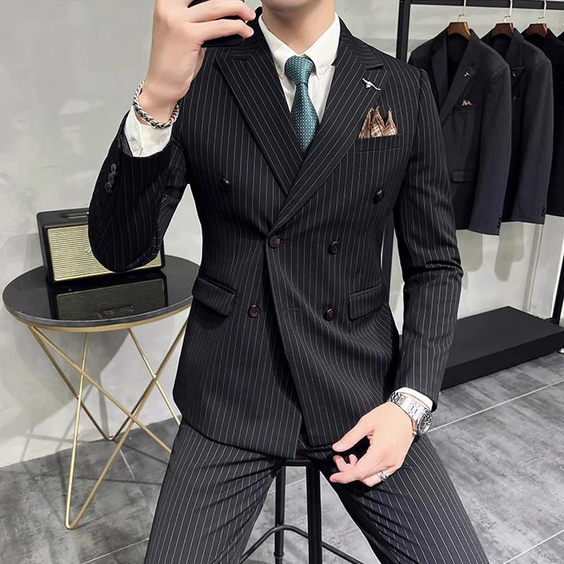 M-7XL ( Blazer + Pantalon) de luxe classique rayé hommes bureau officiel décontracté affaires double