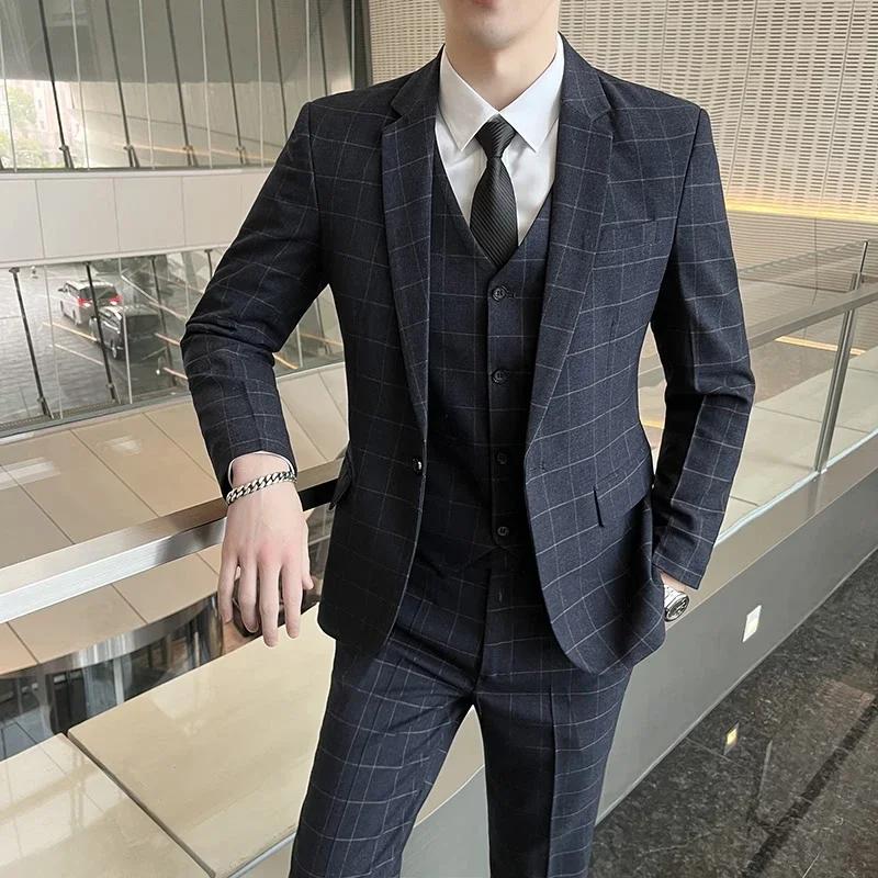 Costumes (blazer + gilet + pantalon) hommes mode affaires décontracté hôtes coupe ajustée Gentleman