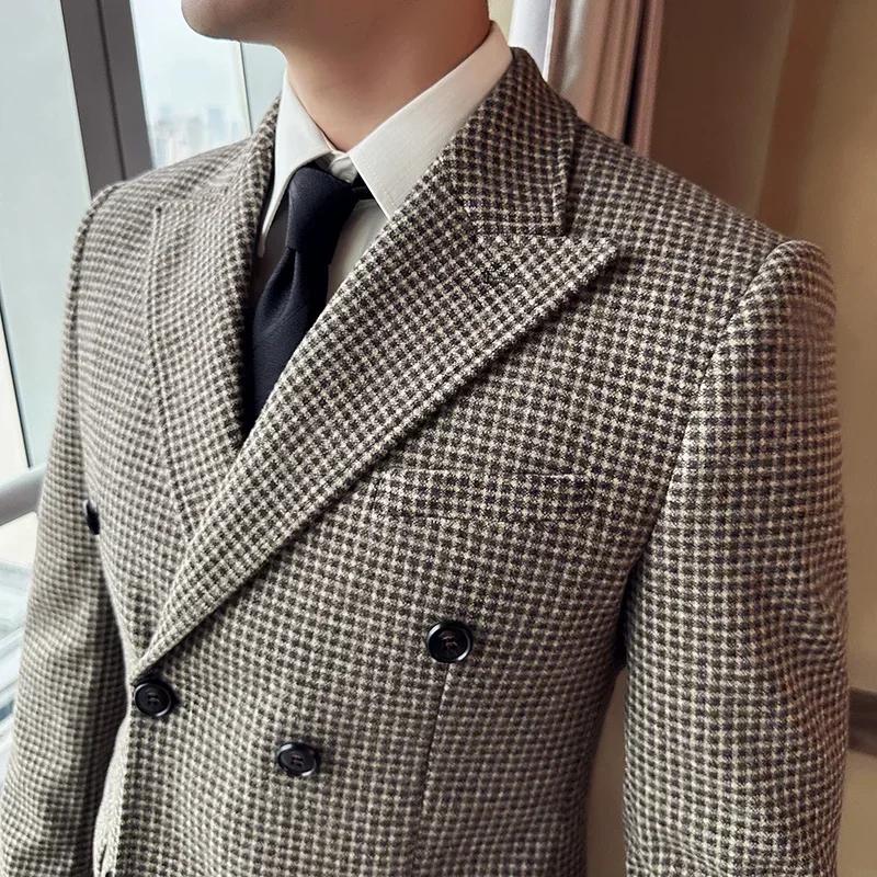 Blazer pied-de-poule pour hommes, Style britannique, Double boutonnage, coupe cintrée, veste de cost