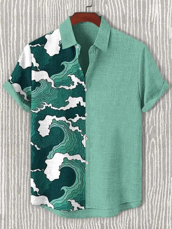 Ukiyoe Wave Print Men's Hawaiian Shirt Polyester Fabric, Summer Casual Vacation and Outdoor Wear Men