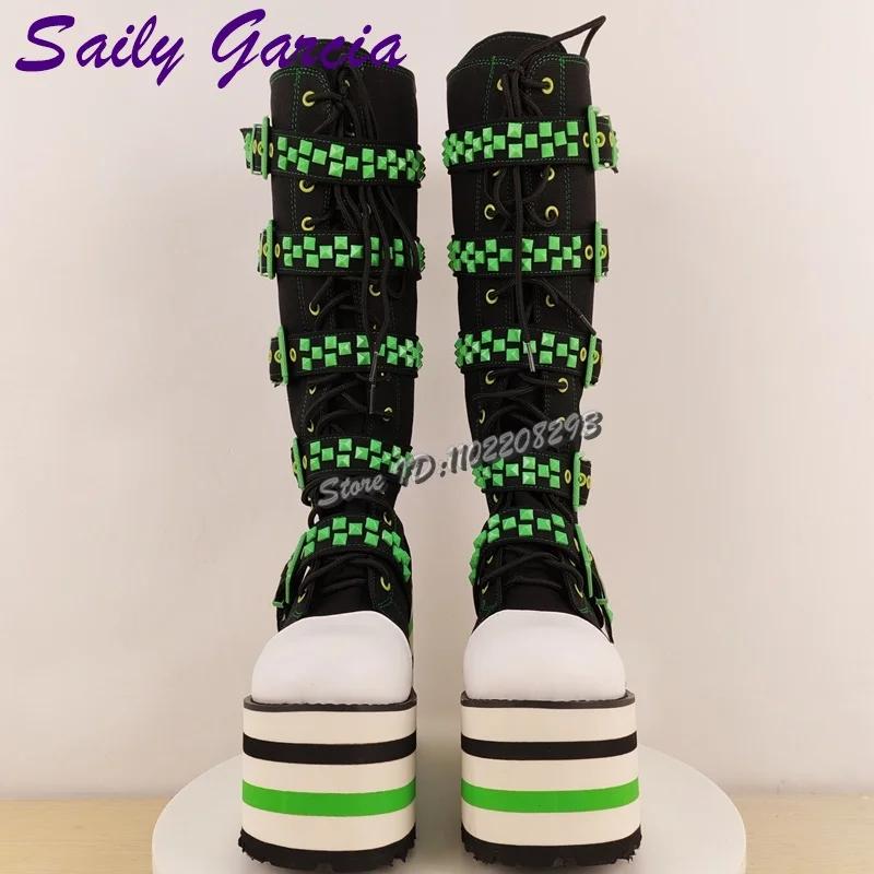 Bottes hautes à lacets avec bretelles à boucle verte, Punk, Patchwork, bout rond, plateforme, mode f