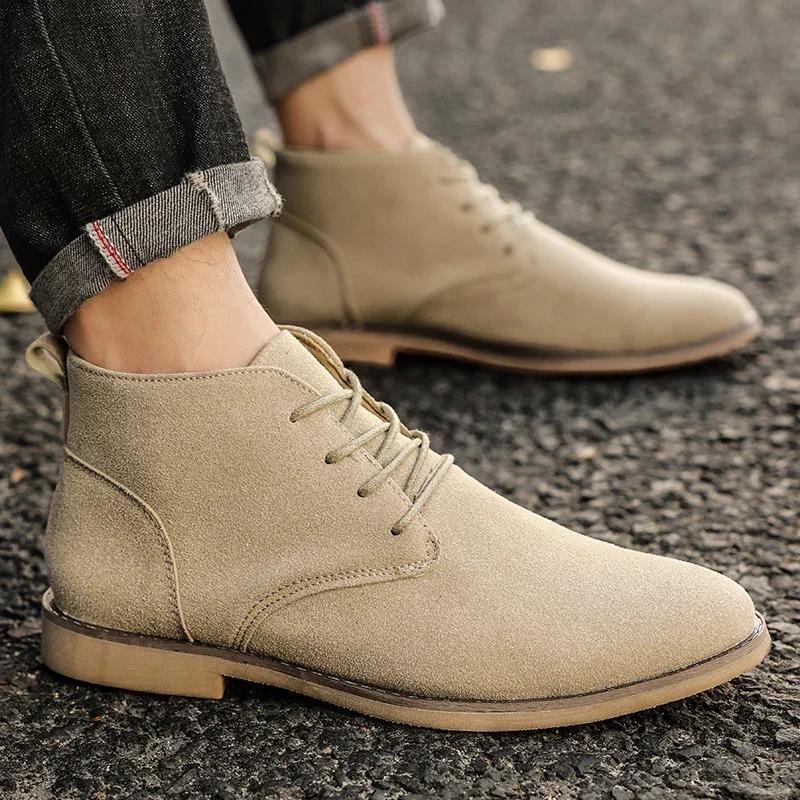 Tendance kaki bottines hommes bout pointu hommes Chelsea bottes haut en daim cuir chaussures pour ho