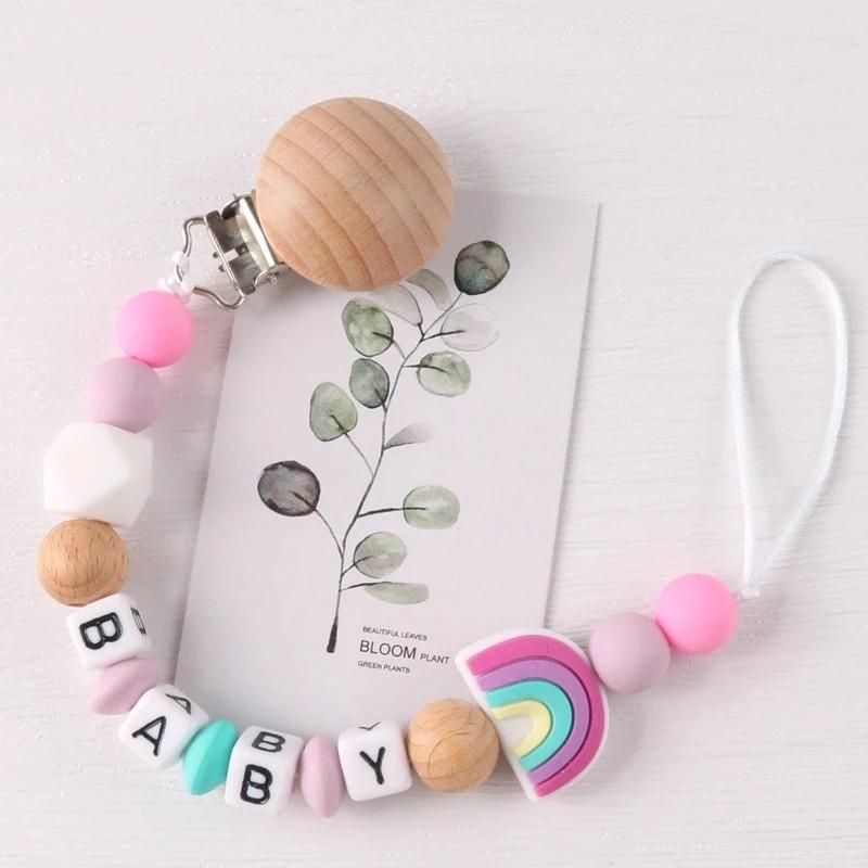 Chaîne de sucette en silicone avec clip en hêtre, produits pour bébés