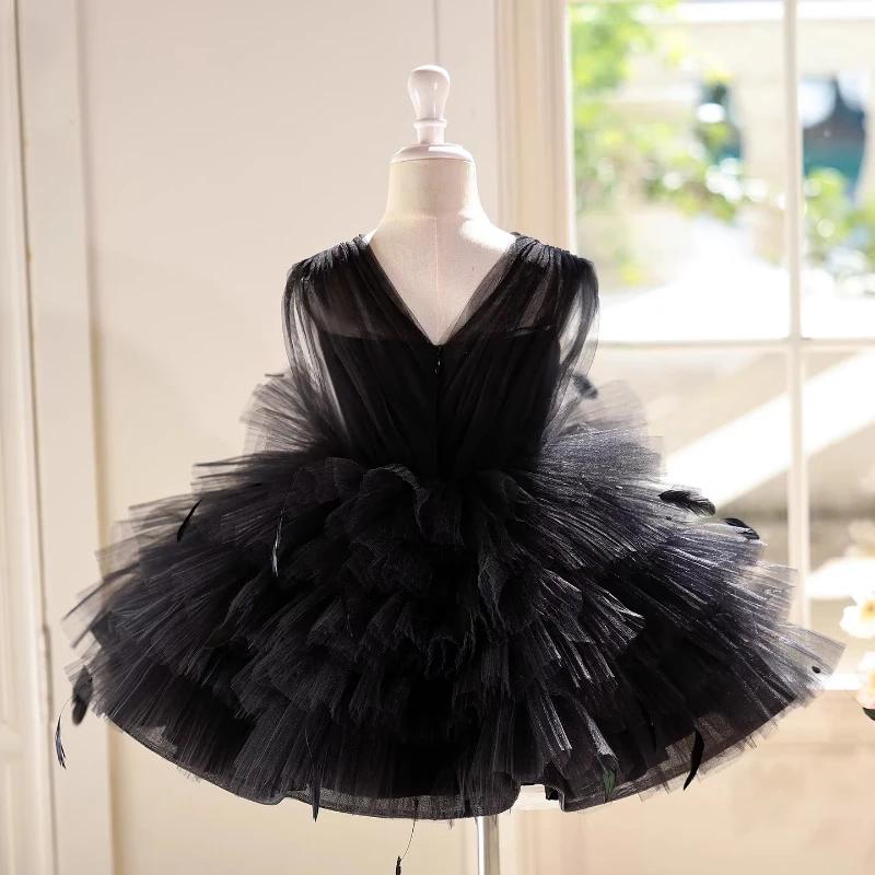 Robe de princesse noire pour filles, tenue de performance au piano, robe de soirée, tenue de cérémon