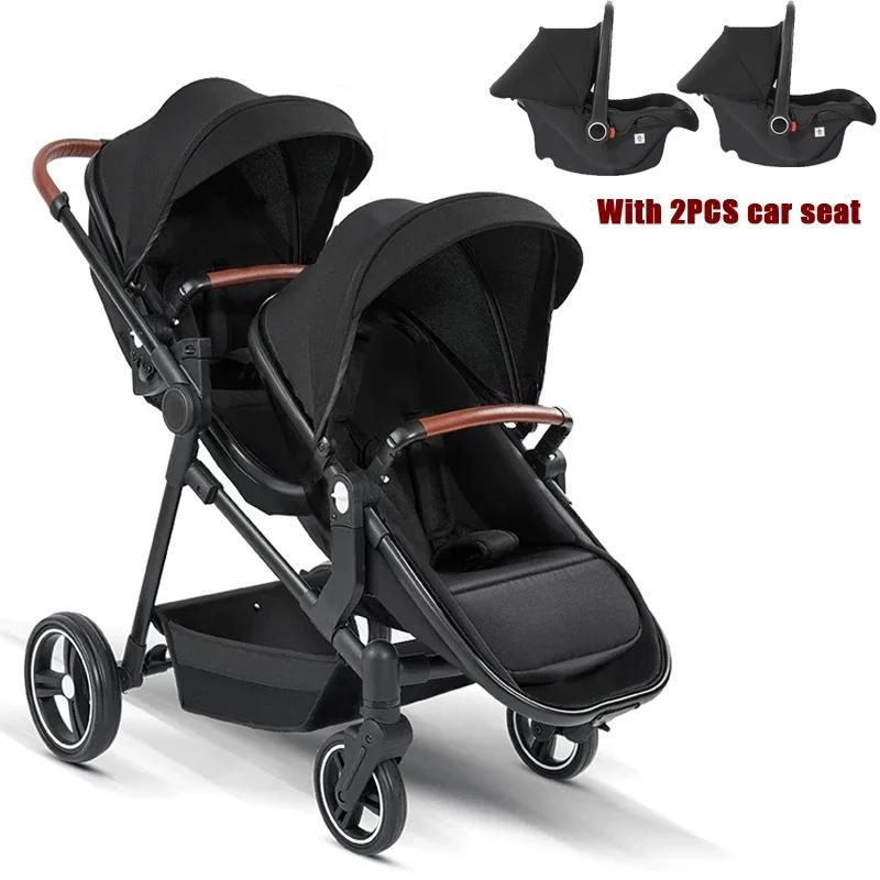 Poussette double neuve avec 2 sièges auto, poussette double multifonctionnelle légère et portable 3