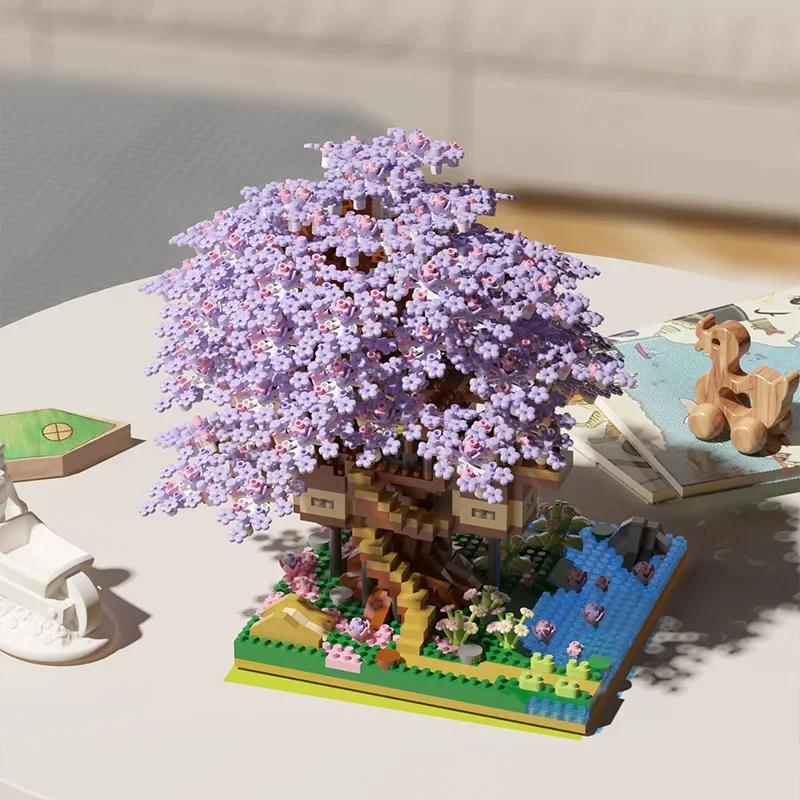 Ensemble de blocs de construction d'arbre de cerisier DIY, briques de cerisier en fleurs avec lumièr