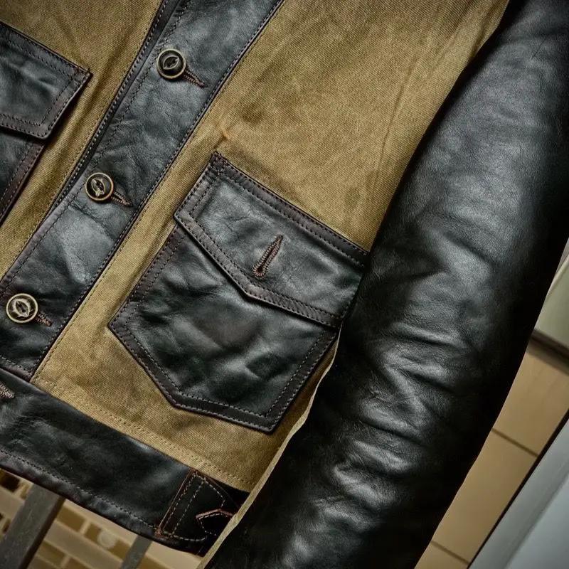 Veste en cuir marron de style rétro décontracté pour homme, cuir de cheval naturel et toile épissés,
