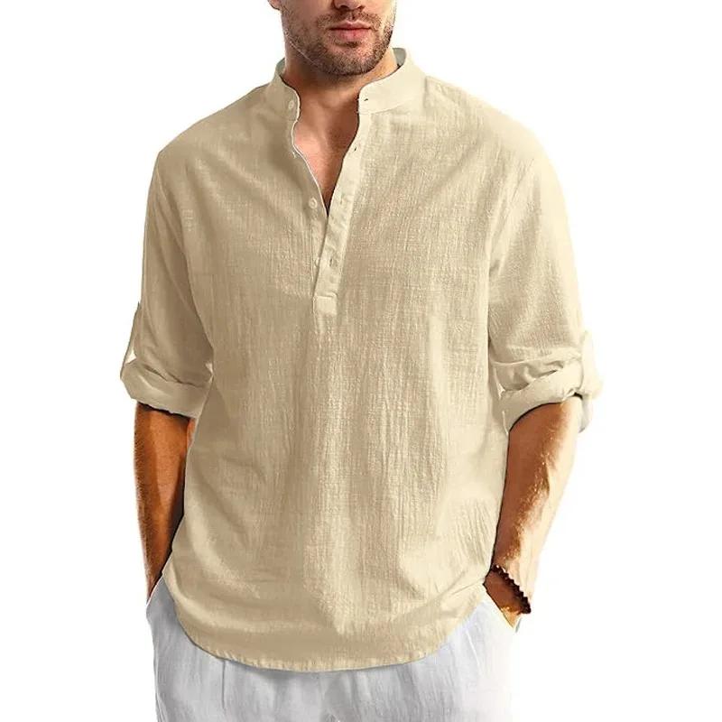Nouveaux hommes lin coton t-shirts à manches longues boutonné chemises Henley plage chemises hawaïen